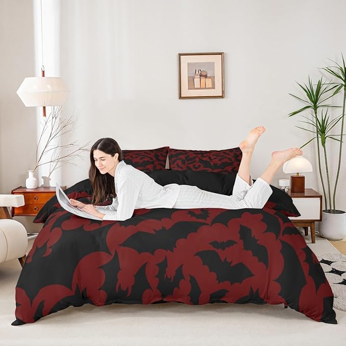 Castle Fairy Happy Halloween Duvet Cover Set Twin Size,Black Bats Animal Silhouette Print Bedding Set Bedroom Decor,Happy Holiday Gothic Style Red Polyester Quilt Cover (No Comforter), 2 Pcs