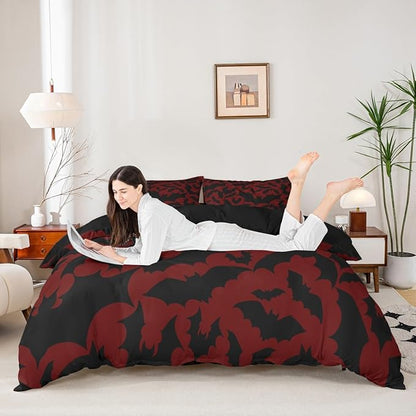 Castle Fairy Happy Halloween Duvet Cover Set Twin Size,Black Bats Animal Silhouette Print Bedding Set Bedroom Decor,Happy Holiday Gothic Style Red Polyester Quilt Cover (No Comforter), 2 Pcs