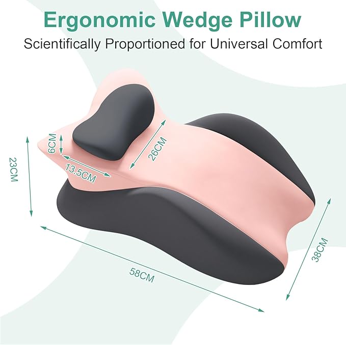 Memory Foam Wedge Pillow, Prone Pillow Headboard & Bed Reading Pillow, Multifunctional Ergonomic Support for Back Pain, Acid Reflux, Sitting Up, Back Cushion with Removable Stretch Cover (Gray Pink)
