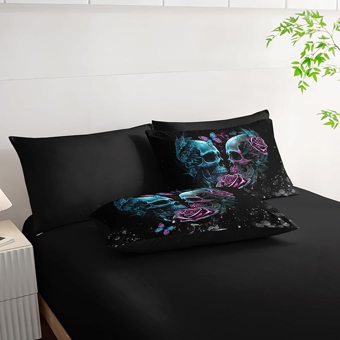 Black Skull Comforter Set 7 Piece Twin Size Bed in A Bag,Goth Bedding for Room Decor,Soft Western Comforter Boho Hippie Bedding with Fitted Sheet,Flat Sheet, Pillowcases & Shams