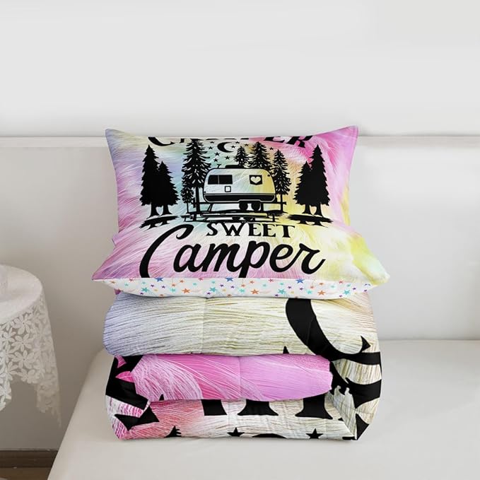 Feelyou Camper Comforter Set Kids Farmhouse Happy Camping Bedding Set Queen Women Men Pink Cow Fur Print Decor Comforter Soft Rustic Camper Van Quilt Boys