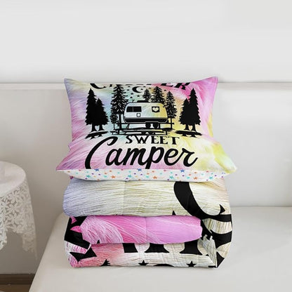 Feelyou Camper Comforter Set Kids Farmhouse Happy Camping Bedding Set Queen Women Men Pink Cow Fur Print Decor Comforter Soft Rustic Camper Van Quilt Boys