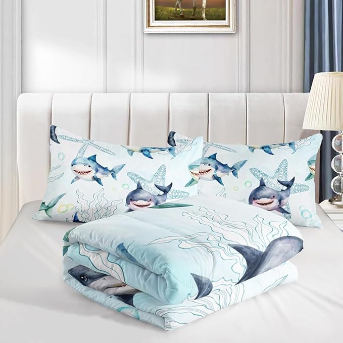 Boys Blue Ocean Shark Comforter Set Twin Size Shark Starfish Bedding Sets Seaweed Quilt Bed Set for Kid Girls with 1 Comforter and 2 Pillowcases