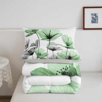 Erosebridal Green Floral Queen Comforter Set,Green and Grey Flower Bedding Set for Kids Girls Women,Vintage Flowers Country Quilt,Boho Wildflower Bedroom Decor with 2 Pillowcases,Breathable