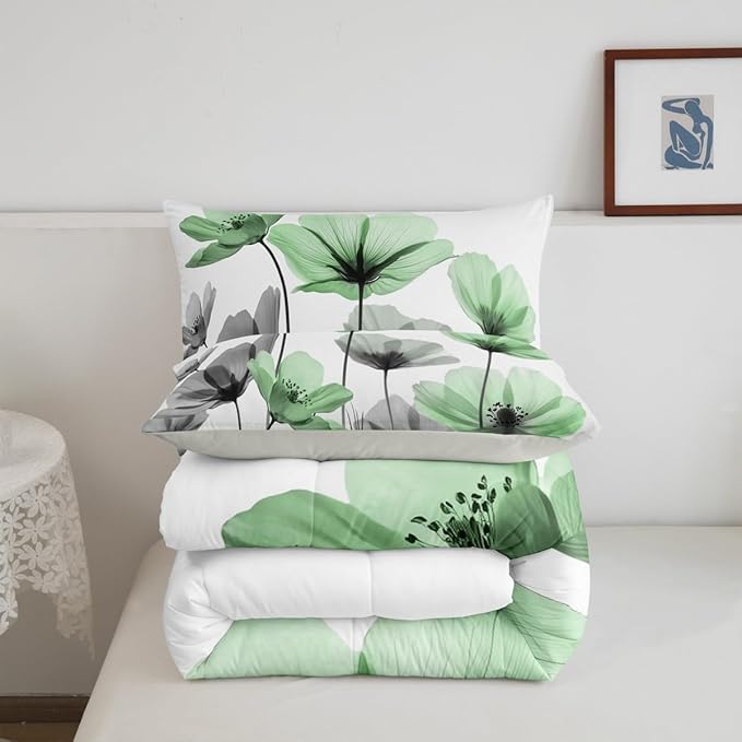 Erosebridal Green Floral Full Comforter Set,Green and Gray Flower Bedding Sets for Kids Girls Women,Vintage Flowers Country Bed Set,Boho Wildflower Room Decor with 2 Pillowcases,Breathable