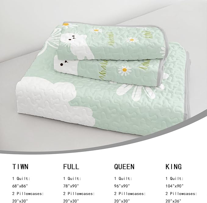 AILONEN Cartoon Rabbit Full Size,Floral Bunny Bedspread Coverlet for Kids,3Pcs Kawaii Animal Printed Green Quilt & 2 Pillowcases,Soft Lightweight
