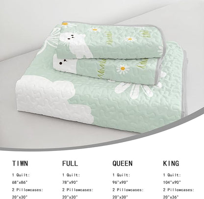 AILONEN Cartoon Rabbit Full Size,Floral Bunny Bedspread Coverlet for Kids,3Pcs Kawaii Animal Printed Green Quilt & 2 Pillowcases,Soft Lightweight