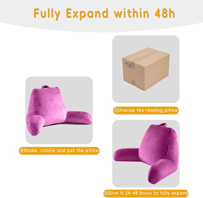 Reading Pillow for Sitting in Bed Adult, X-Large Reading Pillow with Shredded Memory Foam, Back Pillow for Sitting Up with Extend Arms, Pockets, Bed Pillow with Washable Cover, Rose Red