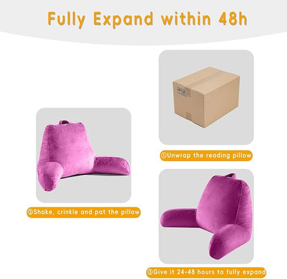 Reading Pillow for Sitting in Bed Adult, X-Large Reading Pillow with Shredded Memory Foam, Back Pillow for Sitting Up with Extend Arms, Pockets, Bed Pillow with Washable Cover, Rose Red