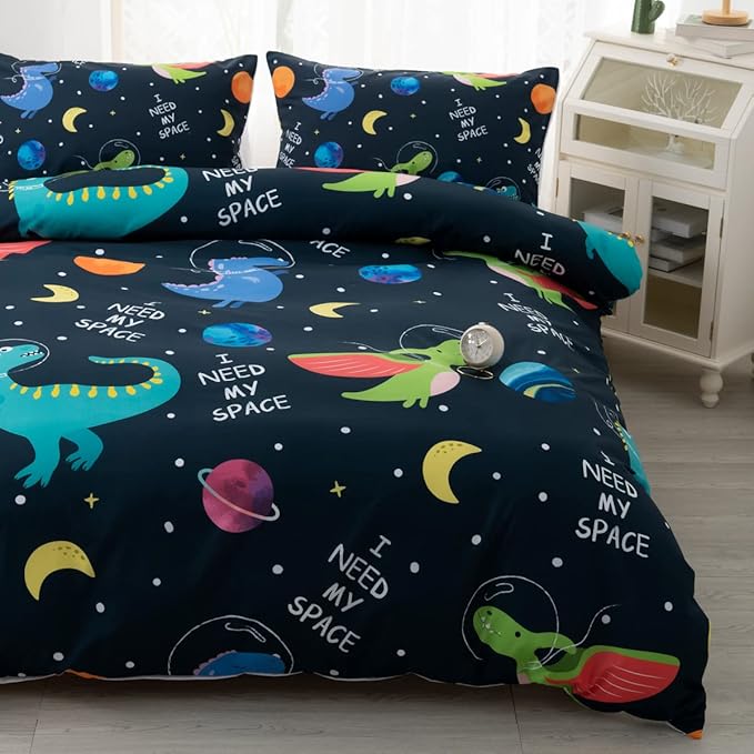 CVHOUSE Space Dinosaur Bedding Set for Boys - Full Size Comforter Set with 1 Duvet Cover and 2 Pillowcases - Boy's Bedroom Decor