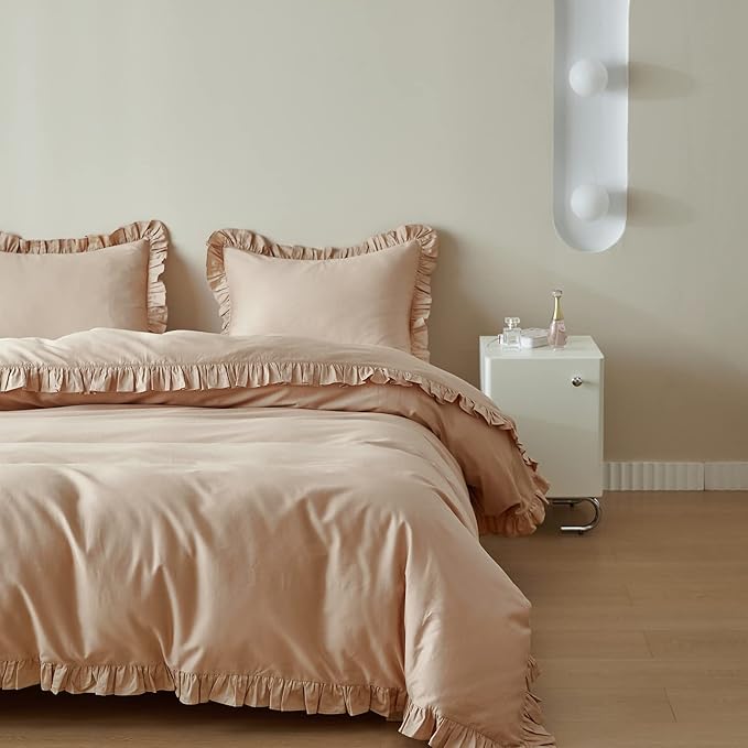 Simple&Opulence Kids 100% Organic Cotton Twin Duvet Cover Ruffle 2Pcs(1 Comforter Cover 1 Pillowcase) Cute Lace Vintage Boho Shabby Chic Farmhouse Bedding Set Teen Girls(Sand, Twin)