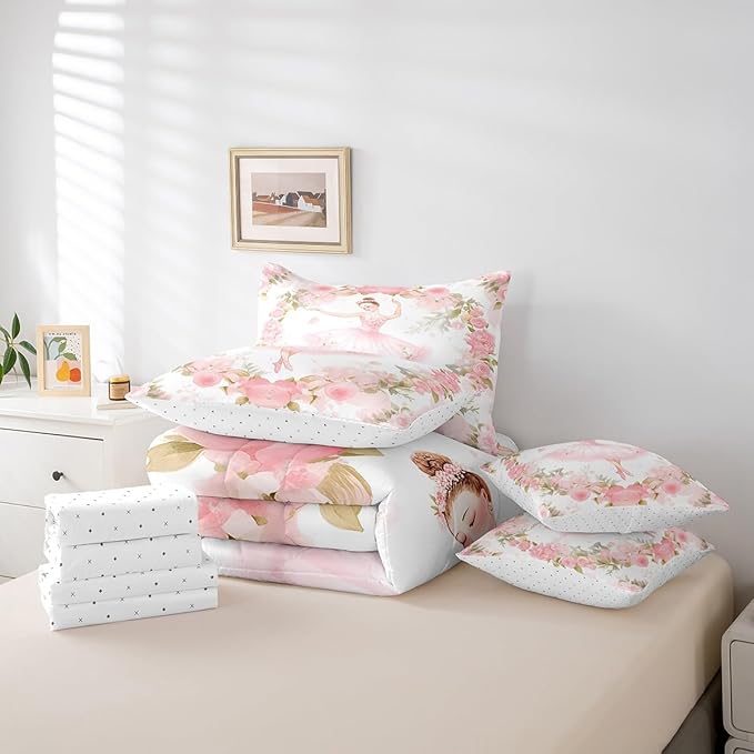 Feelyou Ballet 7 Piece Bedding Set - Full Size Cute Ballet Girls Comforter Set with Sheets for Kids, Teens, Toddler Dancing Girl Bed in a Bag - Pink Rose Bed Set