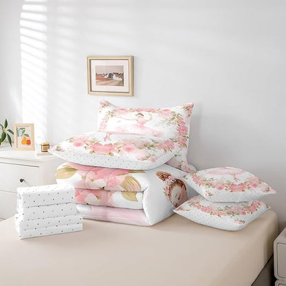 Feelyou Ballet Bedding Set,7 Piece Twin Size Cute Ballet Girls Comforter Set with Sheets for Kids & Teens,Dancing Girl Bed in a Bag,Pink Rose Bed Set