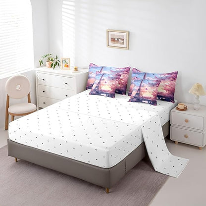 Feelyou Eiffel Tower Comforter Set with Sheets Twin Size Paris 7 Piece Bedding Set for Adult Boys Girls Teens Pink Flower and Butterfly Bed in a Bag Romantic Bed Set