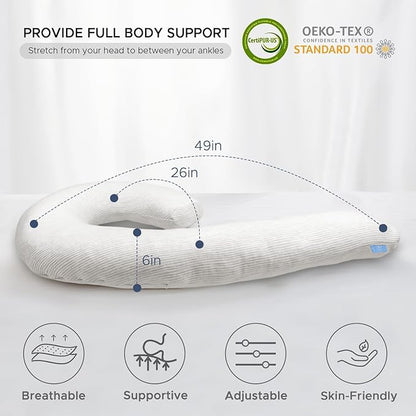 Body Pillow for Adults - Soft Long Bed Pillows Insert for Sleeping - Shredded Memory Foam & Removable Washable Cover - Swan Shaped Pregnancy Side Sleeper Pillow 49 Inch (Grey)