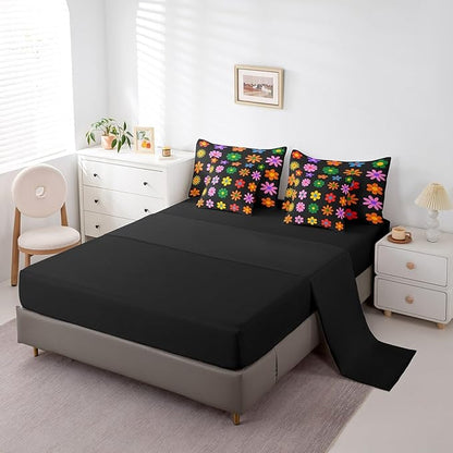 Feelyou Cute Flower 7 Piece Bedding Set Twin Size Colorful Flower Comforter Set with Sheets for Kids Boys Girls Black Colorful Bed in a Bag Kawaii Theme Bed Set