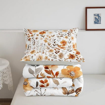 Erosebridal Vintage Floral Full Comforter Set,Tan Beige Orange Flower Bedding Set for Kids Girls,Country Farmhouse Flowers Quilt,Boho Chic Wildflower Bedroom Decor,2 Pillowcases Breathable