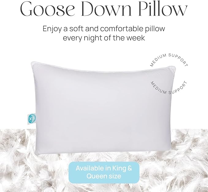 Standard Pillow Pure Dream Firm Pillow, Medium Support Hotel Pillow, Standard Size 20x26 Inch Goose Feather Down Pillows, Pack of 1