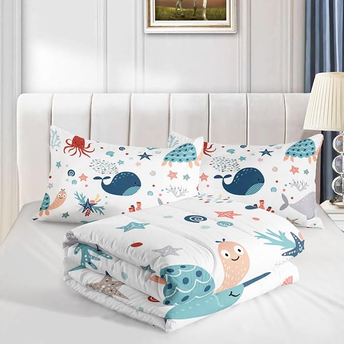 Kids Turtle Comforter Set Twin Beach Theme Dolphin Starfish Seaweed Bedding Set Sea Animal Octopus Reptile Bed Set with 2 Pillowcases for Boys Girls Room Decor