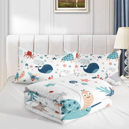 Kids Turtle Comforter Set Queen Beach Theme Dolphin Starfish Seaweed Bedding Set Sea Animal Octopus Reptile Bed Set with 2 Pillowcases for Boys Girls Room Decor