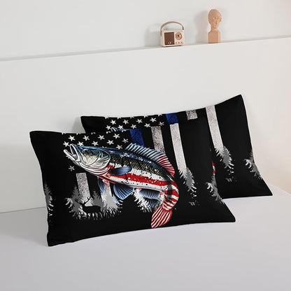 HOSIMA Soft Microfiber Black Queen Comforter Set with 2 Pillowcases,American Flag Striped Bass Pattern Bedding Sets,Fishing Comforter Kids Men Boys Room Decor,Bed in a Bag Queen Size for Teens.