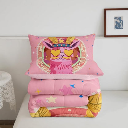 Exotic Alpaca Bedding Set Queen Size Bohemia Tribal Style Comforter Set for Girls Boys Room Decor Cartoon Funny Animal Down Comforter Colorful Star Geometric Quilt Set with 2 Pillowcases