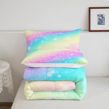 Feelyou Rainbow Comforter Set King, Tie Dye Pastel Bedding Set Stars Glitter Comforter for Kids Colorful Stripes Duvet Set with 2 Pillow Case