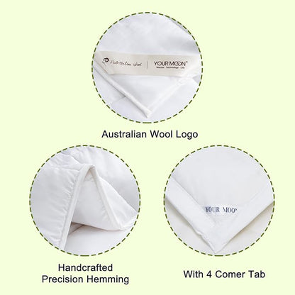 YOUR MOON Luxurious All Season Wool Comforter Queen Size 100% Natural Australian Wool Duvet, Hypoallergenic Premium Filled Comforter, Noiseless Jacquard Rayon Derived from Bamboo Shell(White)