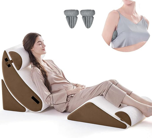 Wedge Pillow Set for After Surgery, 5 PCS Bed Wedge Pillow for Sleeping, Memory Foam Orthopedic Back Adjustable Pillow for Pain Relief and Acid Reflux with 2 PCS Axilla Pillow Brown