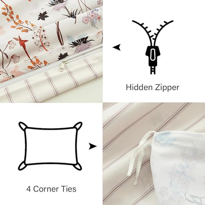 Floral Duvet Cover King 3 Pieces Aesthetic Reversible Striped Bedding Set Farmhouse Botanical Flowers Design Soft Washed Microfibre,1 Beige Duvet Cover with 2 Pillowcases