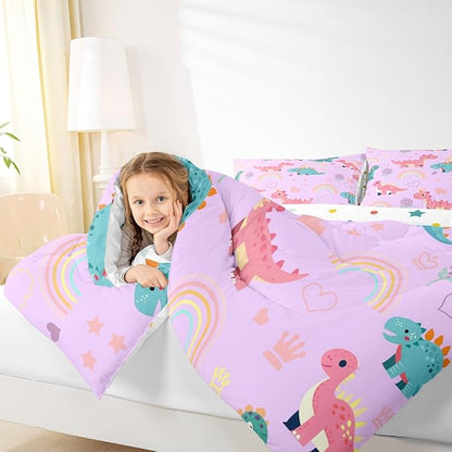Castle Fairy Kawaii Dino Kids Comforter Set Twin Size,Cute Rainbow Floral Love Heart Reversible Bedding Set for Teens Bedroom,Pink Blue Dinosaur Lovely Animal Quilted Duvet with 1 Pillowcase