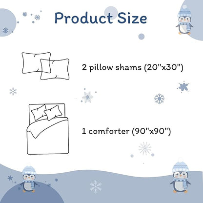 JSD Penguin Snowflakes Kids Christmas Comforter Set Queen Size, 3 Piece Xmas Printed Microfiber Bedding Set, Machine Washable