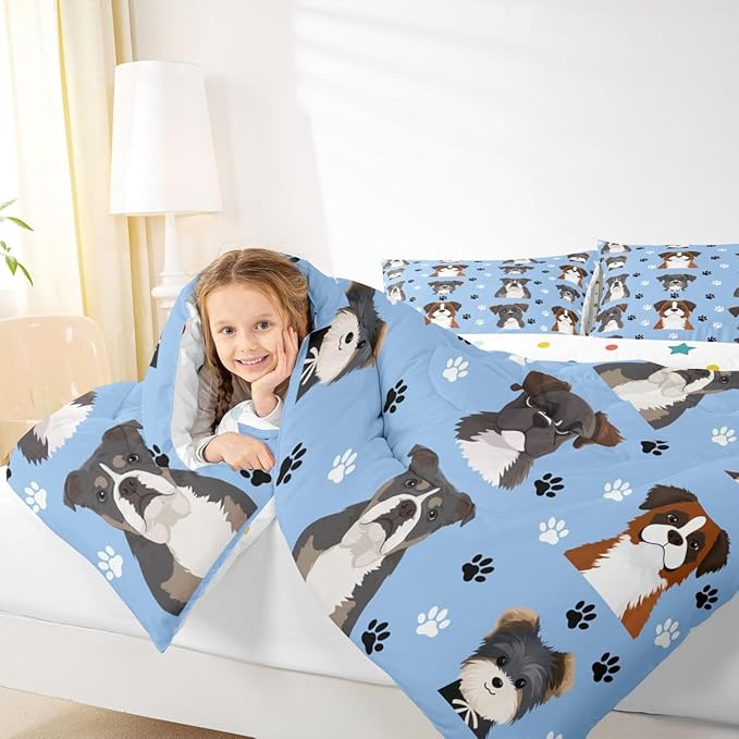 Castle Fairy Cartoon Dogs Bedding Set,Cute Puppy Paw Prints Comforter Set for Kids Boys Teens,Watercolor Lovely Pet Animals Decor Comforter Duvet Set with 2 Pillowcases Full Size 3 Pcs