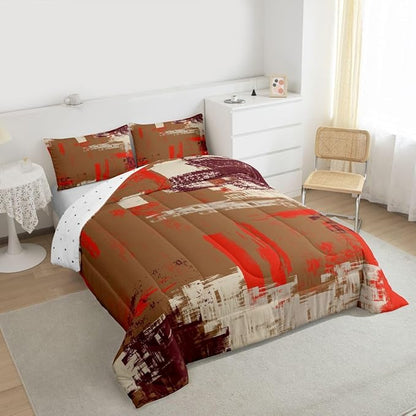 Feelyou Abstract Bedding Set Kids Modern Abstract Art Comforter Set Brown Orange Comforter for Boys Room Decor Lightweight Retro Duvet Set King Size with 2 Pillow Case
