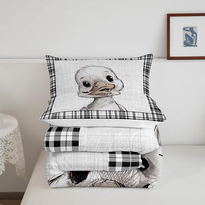 Teens Cute Duck Pattern Comforter Set Queen Size,Black White Grid Stripes Bedding Set for Kids Boys Girls Bedroom Decoration,Lovely Animal Bed Duvet Insert,Duck Pattern Comforter with 2 Pillowcases
