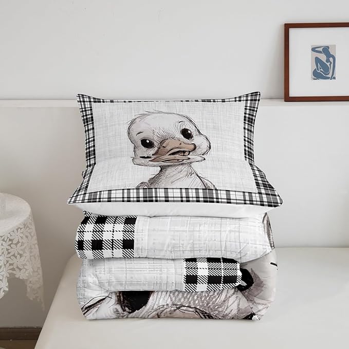 Castle Fairy Cute Duck Pattern Full Size Comforter Set,Black White Grid Stripes Bedding Set for Adults Teens,Children Lovely Animal Comforter Luxury Farmhouse Quilt Set Room Decor 3Pcs
