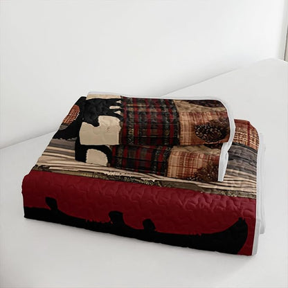 Rustic Black Bear Quilt Bedding Twin 3Pcs Natural Forest Wild Hunt Animal Bear Nut Bed Set Retro Flower Grid Pattern Bedspread Coverlet with 2 Pillowcases for Kid Boy Girl Teen Adult Bed Decor
