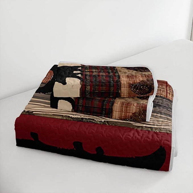 Rustic Black Bear Quilt Bedding Queen 3Pcs Natural Forest Wild Hunt Animal Bear Nut Bed Set Retro Flower Grid Pattern Bedspread Coverlet with 2 Pillowcases for Kid Boy Girl Teen Adult Bed Decor