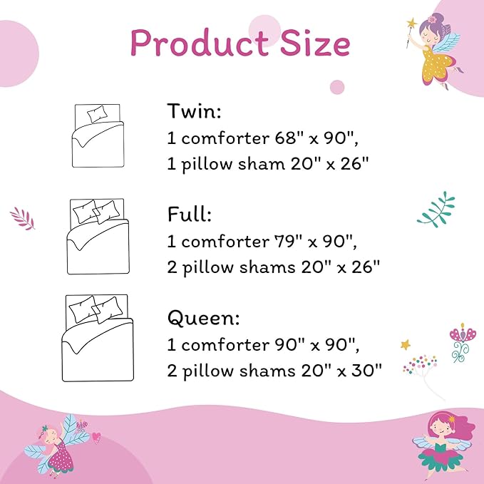 JSD Fairy Kids Comforter Set Full Size, 3 Piece Girls Floral Printed Microfiber Bedding Set, Machine Washable