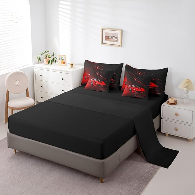 Feelyou Boys Red Race Car 7 Piece Bedding Set King Size Speed Sports Car Comforter Set with Sheets for Kids Teens Adult Fast and Furious Bed in a Bag Red Ombre Bed Set