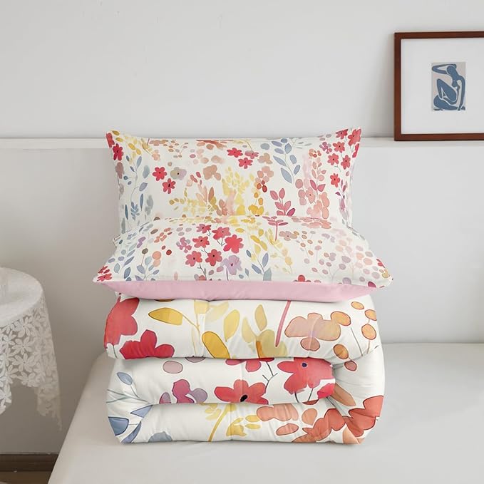 Erosebridal Cute Red Floral Comforter Set Queen Size,Boho Colorful Flower Bedding Set for Kids Girls Bedroom Decor,Watercolor Wild Flowers Quilt Bed Set Rustic Wildflower Bed Comforter Set 3Pcs