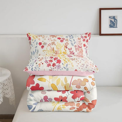 Erosebridal Cute Red Floral Comforter Set Twin Size,Boho Colorful Flower Bedding Set for Kids Girls Bedroom Decor,Watercolor Wild Flowers Quilt Bed Set Rustic Wildflower Bed Comforter Set 2Pcs