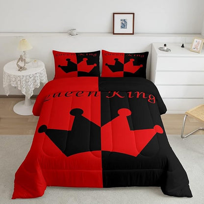 Feelyou Crown Queen King Comforter Soft Quilt,His Hers Matching Couple Bedding Set for Girls Boys Teens, Romantic Valentine's Day Black Red Comforter Set Collection 3Pcs Full Size Boys