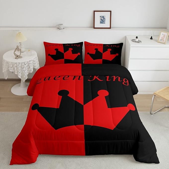 Crown Queen And King Comforter Soft Quilt Set,His And Hers Matching Couple Bedding Set for Girls Boys Teens, Romantic Valentine'S Day Black And Red Comforter Set Bedroom Collection 3Pcs Queen Size