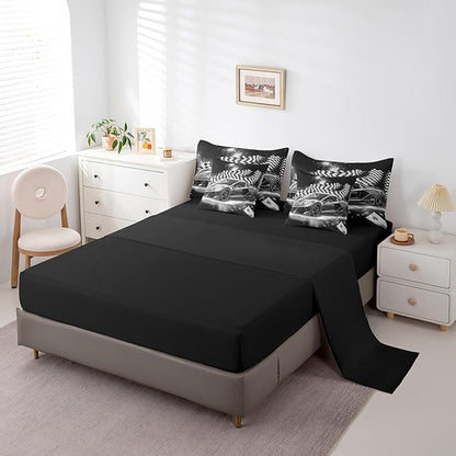 Feelyou Grey Racing Car 7 Piece Bedding Set Queen Size Extreme Sport Comforter Set with Sheets for Kids Boys Girls Teens Toddler Fast and Furious Bed in a Bag Black White Flag Bed Set