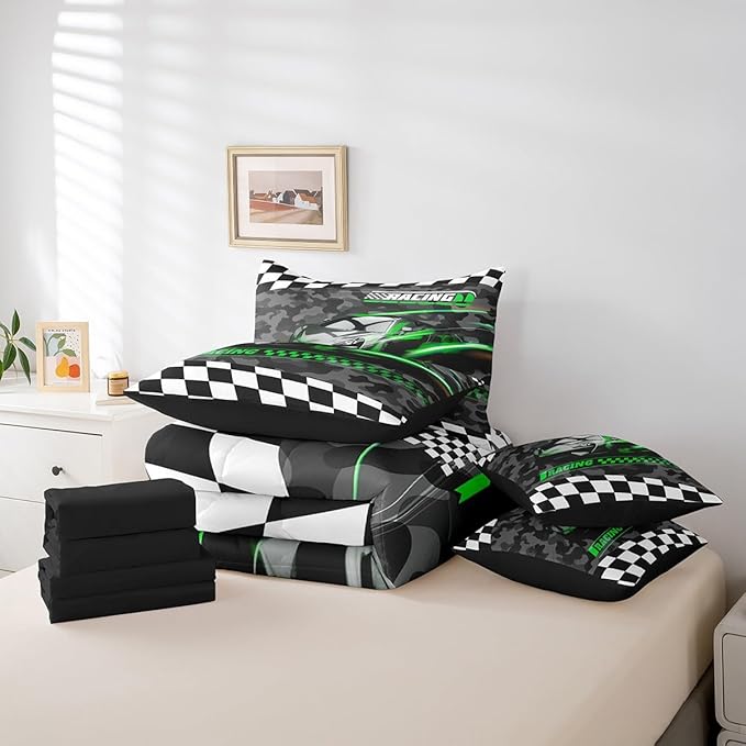 Feelyou Green Racing Car 7 Piece Bedding Set Queen Size Kids Boys Speed Race Car Comforter Set with Sheets for Teens Toddler Extreme Sports Bed in a Bag Camouflage Bed Set
