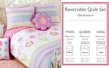 Cozy Line Home Fashions Pink Lavender Green Floral Print Girl 100% Cotton Reversible Quilt Bedding Set, Coverlet, Bedspread (Blossom, Queen - 6 Piece)