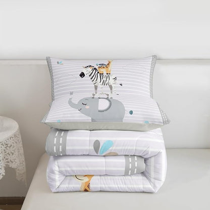 Cute Animals Kids Comforter Set Cartoon Elephant Zebra Giraffe Bedding Set Full Size Boys Girls Teens Bedroom Decor Grey White Geometric Stripes Quilted Duvet All Season Duvet Insert 3pcs