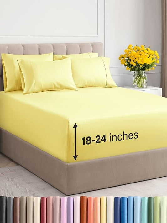 Extra Deep Cal King Sheet Set - 6 Piece Breathable & Cooling Sheets - Hotel Luxury Bed Sheets Set - Easy & Secure Fit - Soft, Wrinkle Free & Comfy Sheets Set - Yellow Sheet Set with Extra Deep Pockets