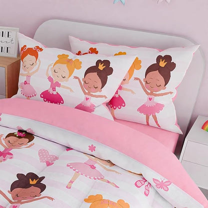 SANDJEST Ballet Full Bedding Sets for Girls, Ultra Soft Microfiber Comforter Set with 4-Pieces, Comforters Kids Bed Set for Children Teen Tween Bedroom Decor